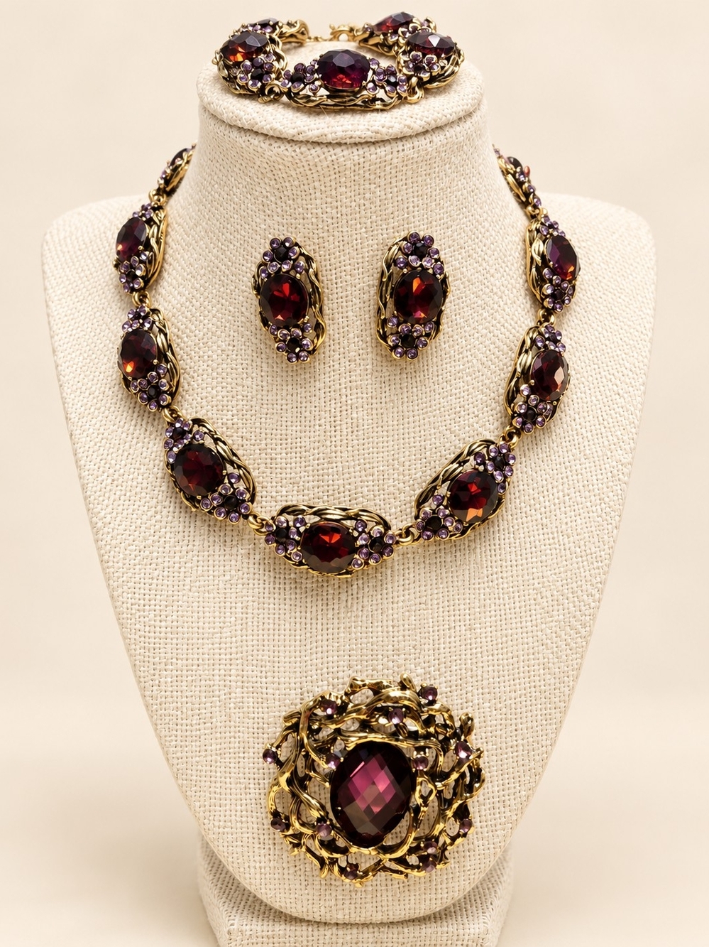 Gold-Tone Purple Garnet Glass Jewelry Set - Necklace, Bracelet, Earrings, Brooch